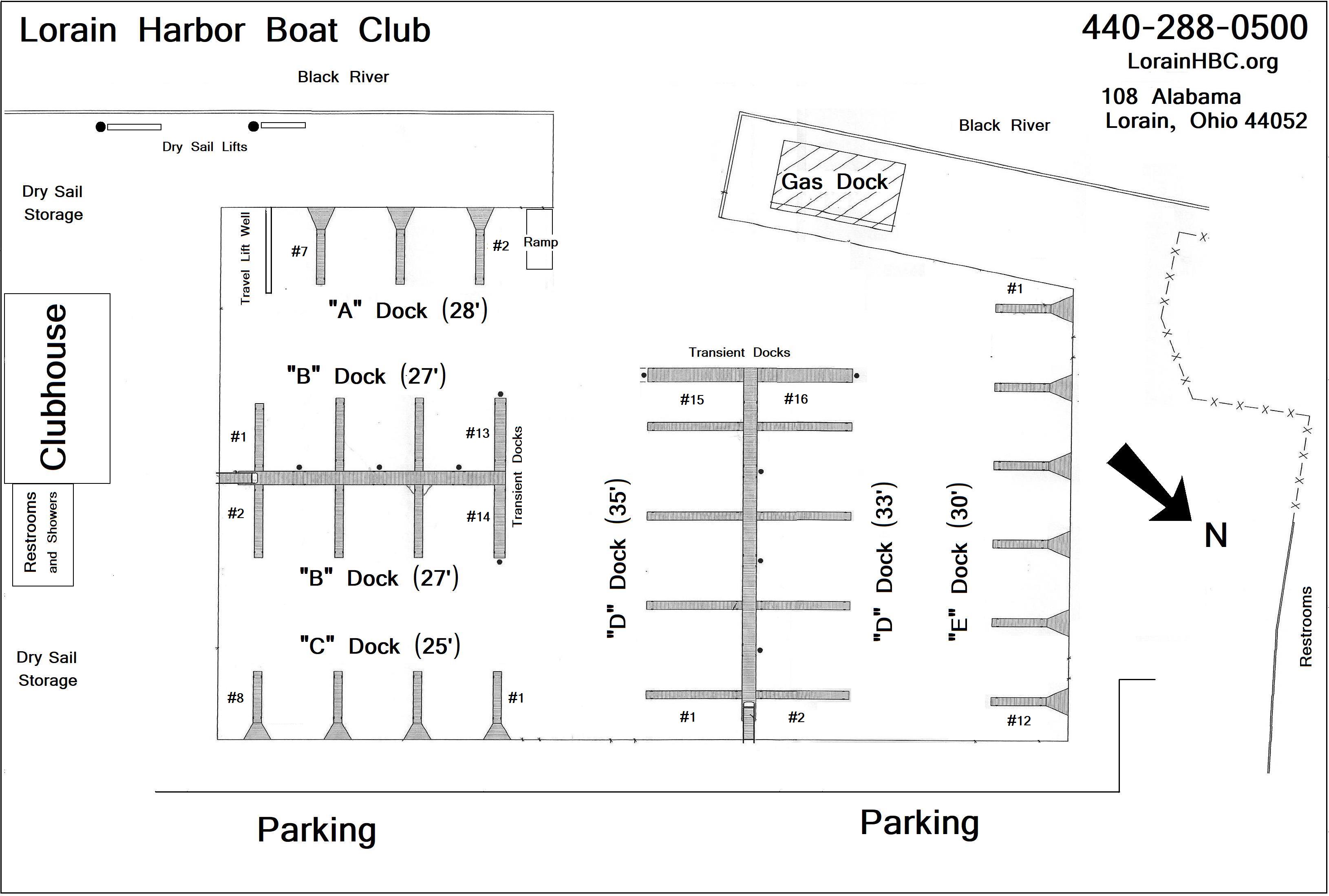 Diagram of the LHBC dock layout, showing A through E docks, the gas dock, clubhouse, parking, and restrooms