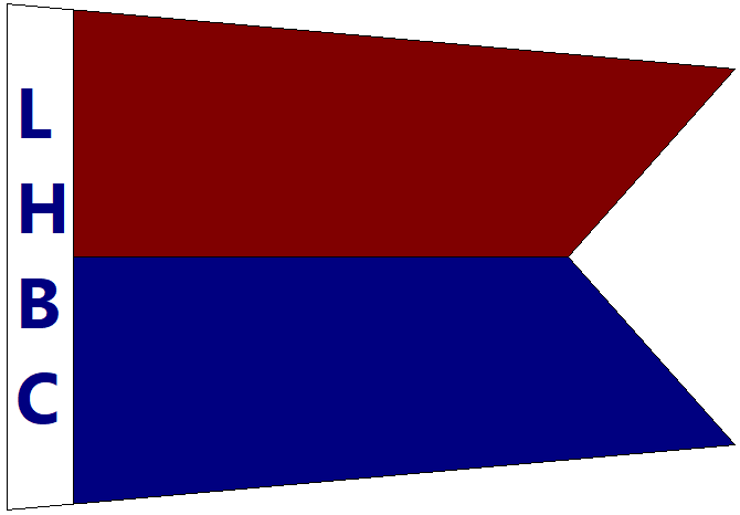 The LHBC burgee — a maroon-over-navy swallowtail pennant reading LHBC on the hoist