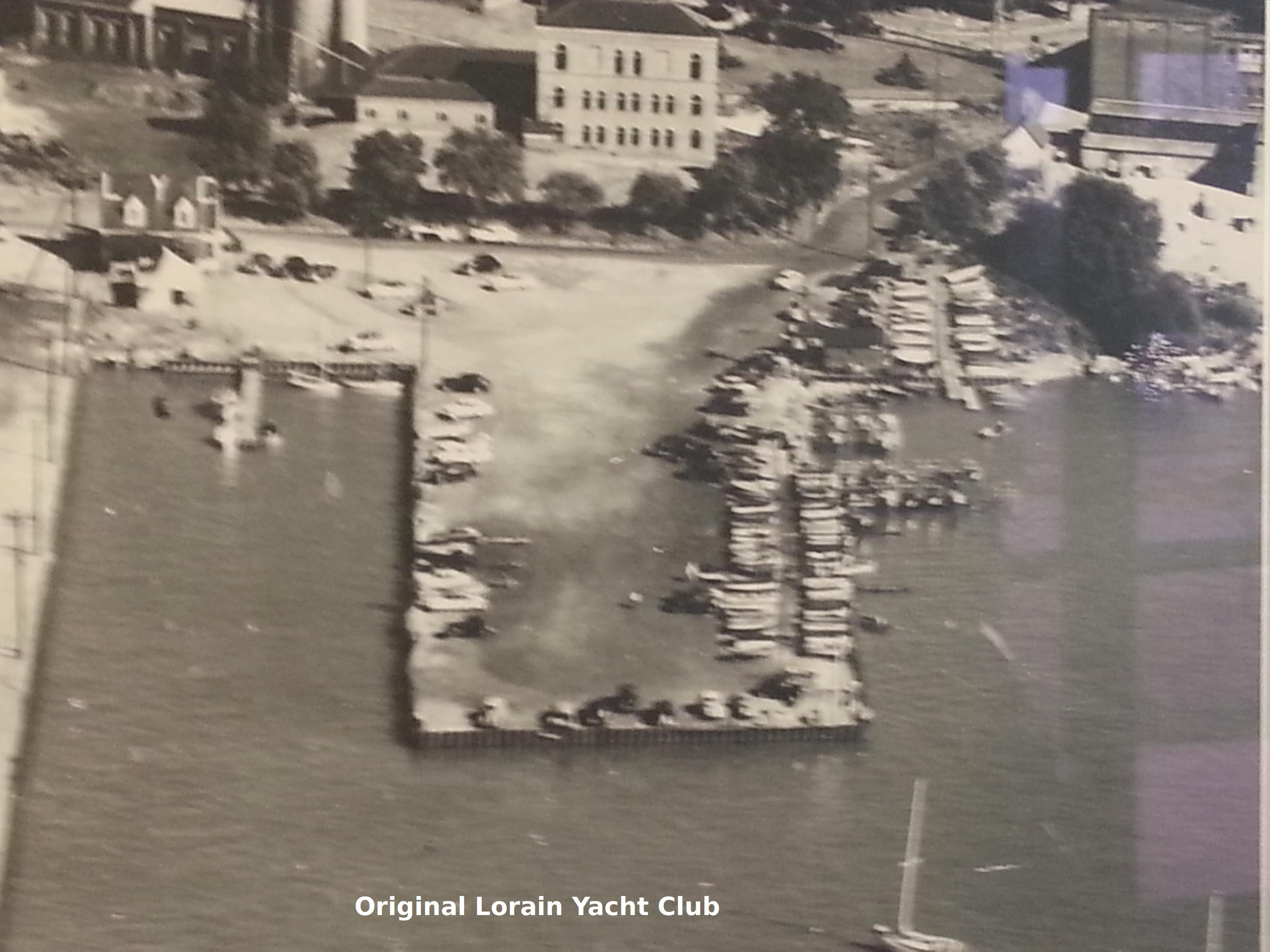 Historic aerial photo of the club basin, labeled "Original Lorain Yacht Club"